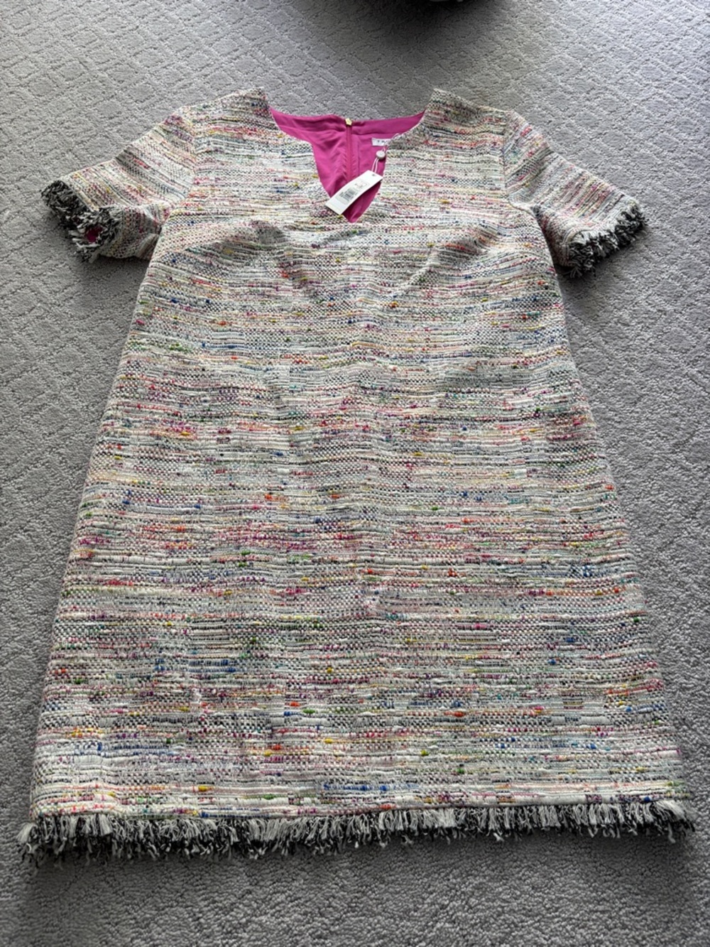 Trina Turk Cream Multicolor Tweed Shift Dress with Fuchsia Accents - Picture 8 of 16
